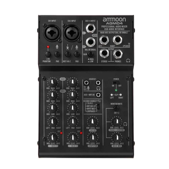 New Gear Day ammoon 4-Channel Mini Mixing Console 2-band EQ Built-in 48V Phantom Power 5V USB Powered for Home Studio Recording AGM04