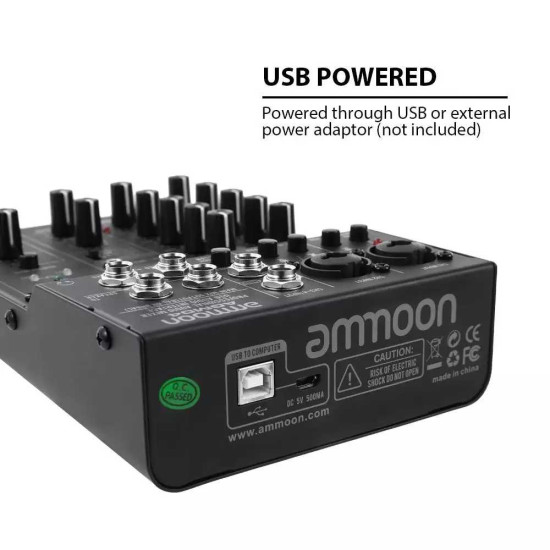 ammoon 4-Channel Mini Mixing Console 2-band EQ Built-in 48V Phantom Power 5V USB Powered for Home Studio Recording AGM04