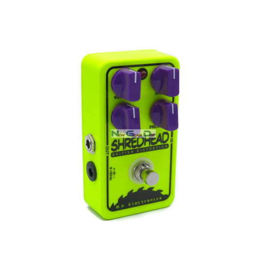New Gear Day M.V. Electronics Shredhead LE Devastator Green Distortion Guitar Pedal with Free Patch Cable