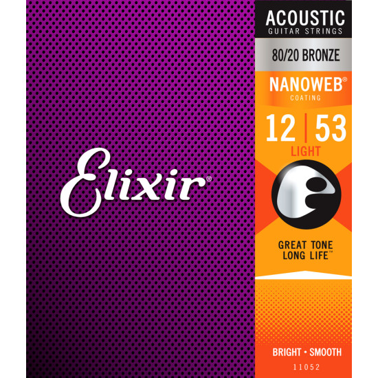 Elixir 11052 Nanoweb 80/20 Bronze Light Acoustic Guitar Strings (12-53)